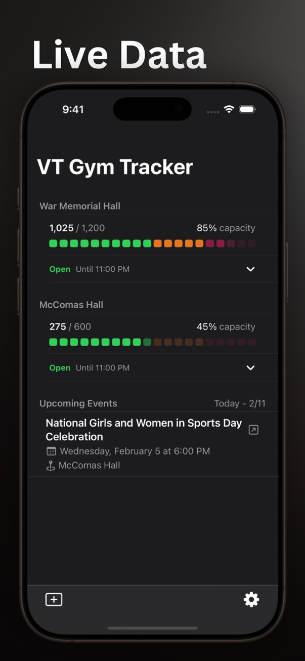VT Gym Tracker screenshot: Data screen