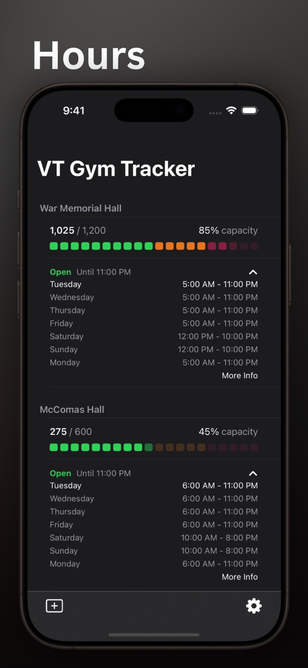 VT Gym Tracker screenshot: Hours screen