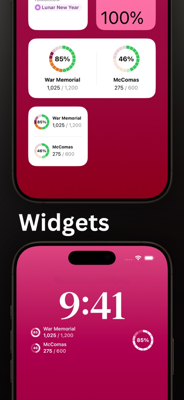 VT Gym Tracker screenshot: Widgets screen